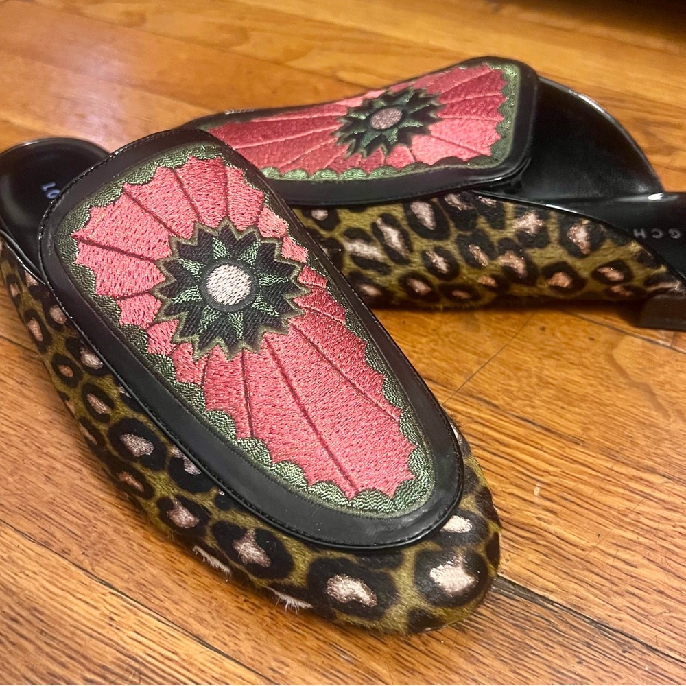 Longchamp Women's leather& ponyhair Leopard Loafer/ Slides RARE - Made in Italy